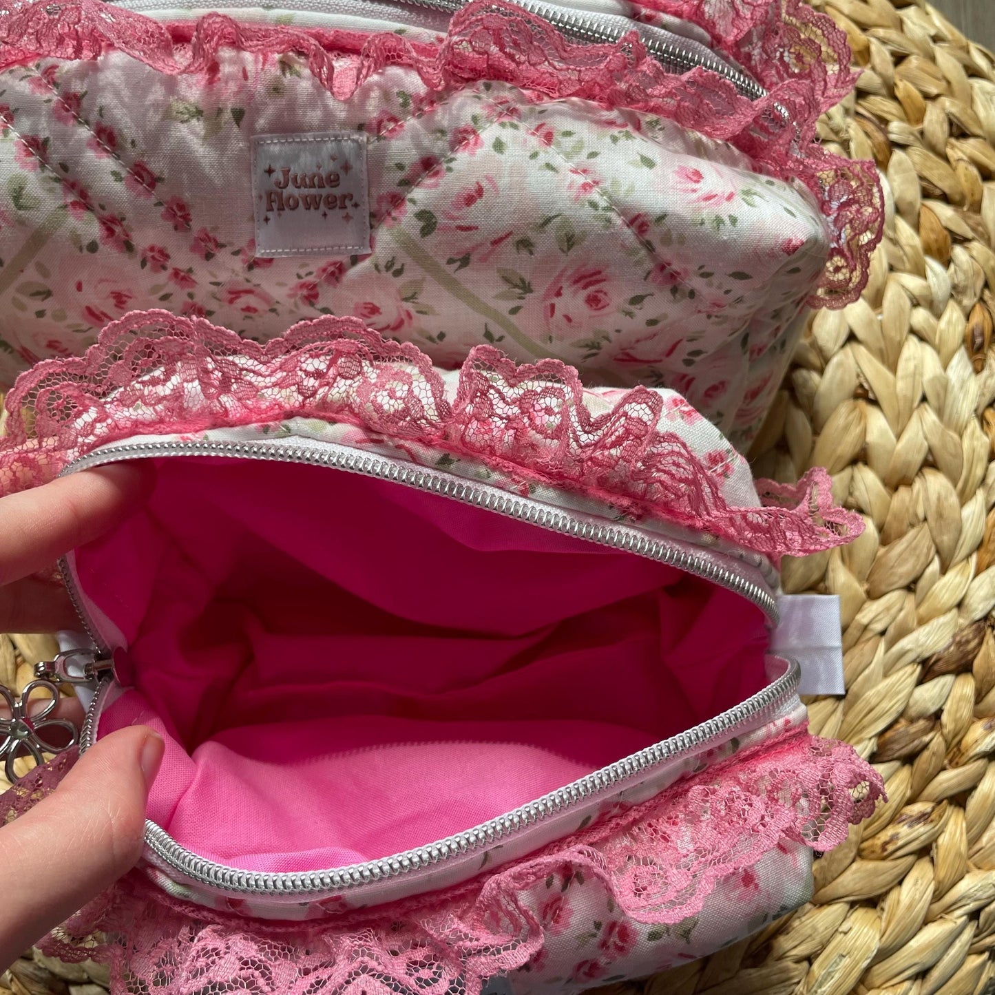 Makeup Bag | Vintage Pink Floral with Pink Lace