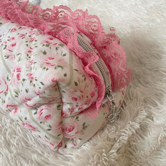 Makeup Bag | Vintage Pink Floral with Pink Lace