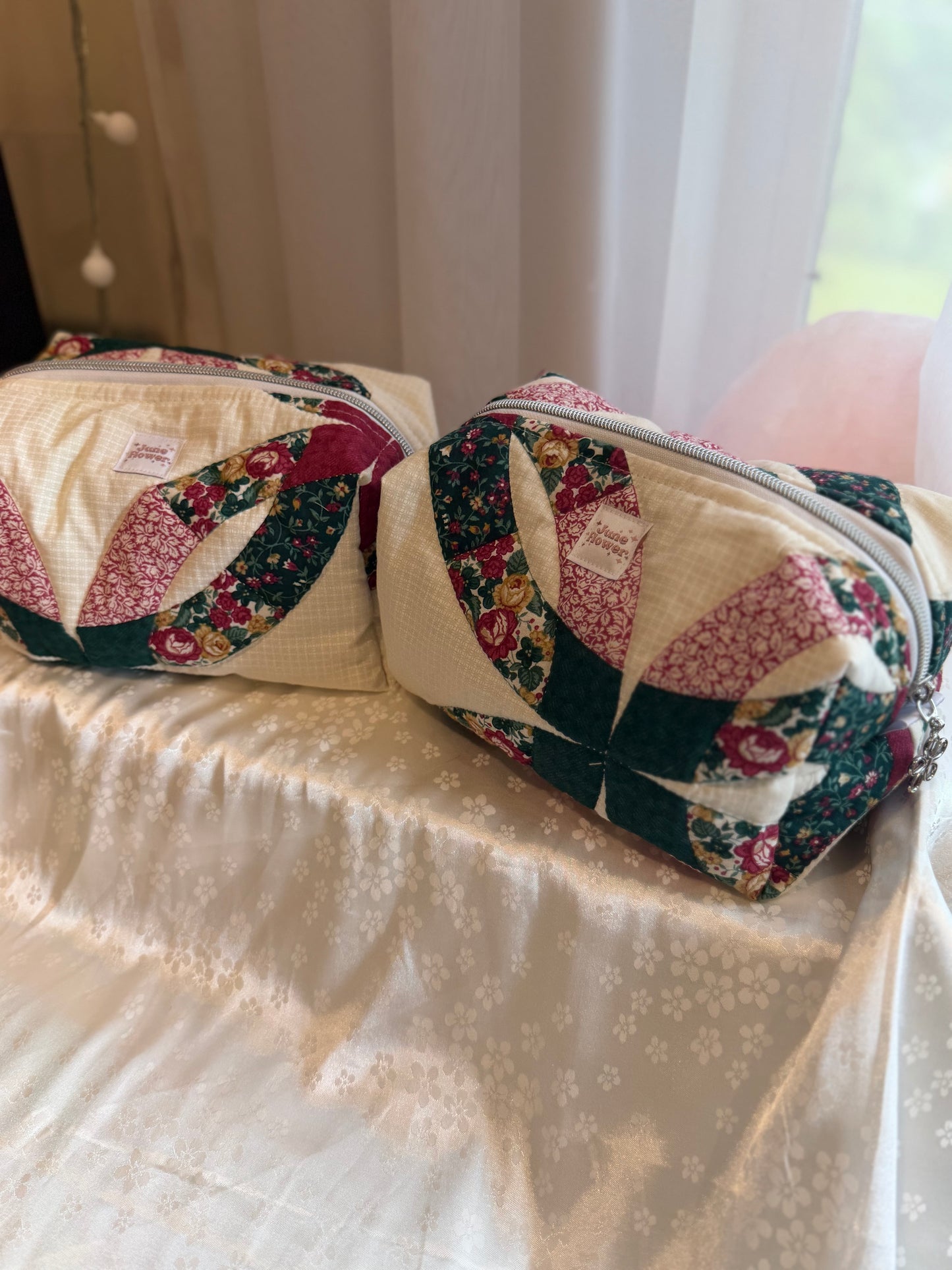 Large Makeup Bag | Green and Wine Double Ring