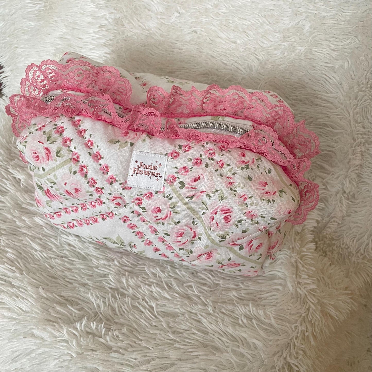 Makeup Bag | Vintage Pink Floral with Pink Lace