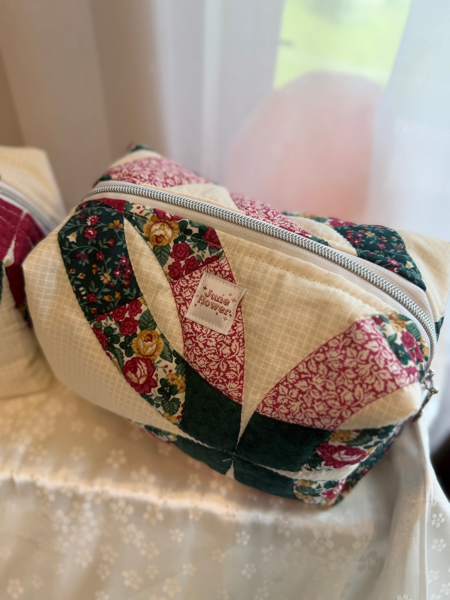 Large Makeup Bag | Green and Wine Double Ring