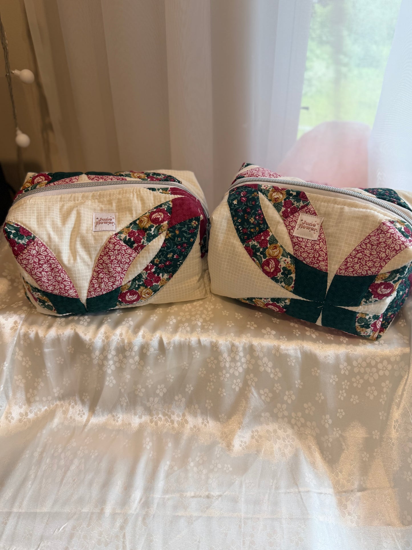 Large Makeup Bag | Green and Wine Double Ring