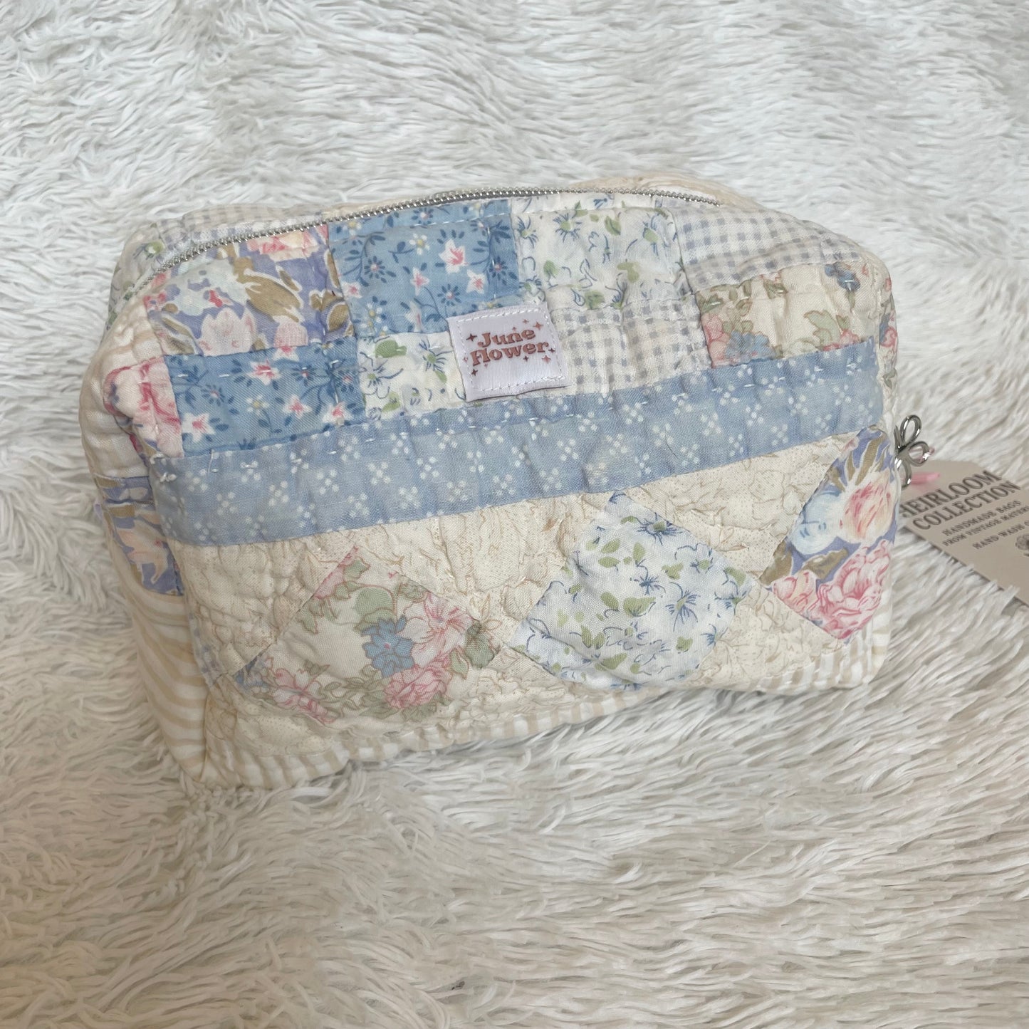 Large Makeup Bag | Vintage Blue Quilt Stripes