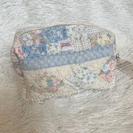 Large Makeup Bag | Vintage Blue Quilt Stripes