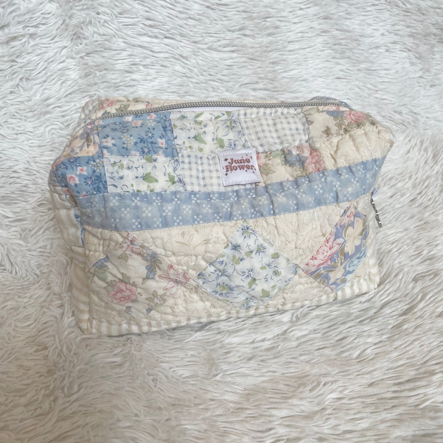 Large Makeup Bag | Vintage Blue Quilt Stripes