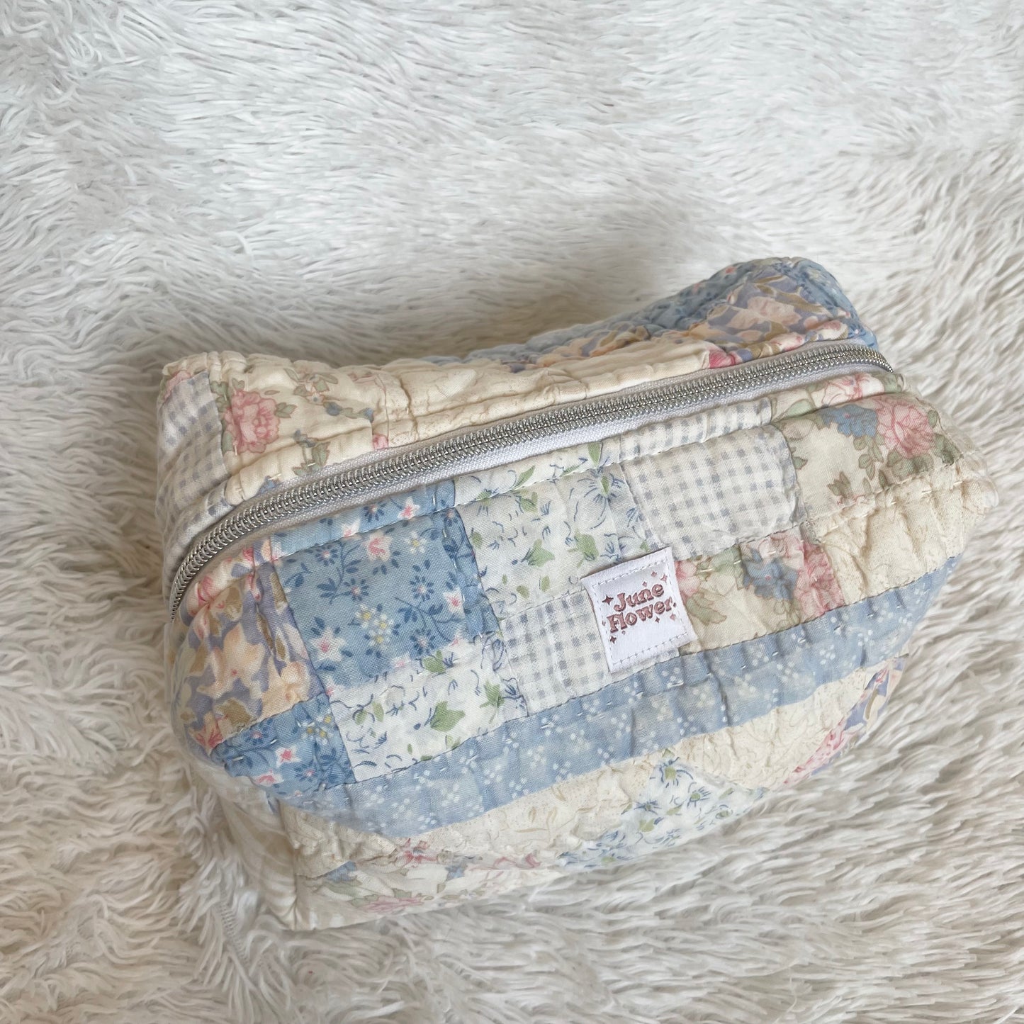 Large Makeup Bag | Vintage Blue Quilt Stripes