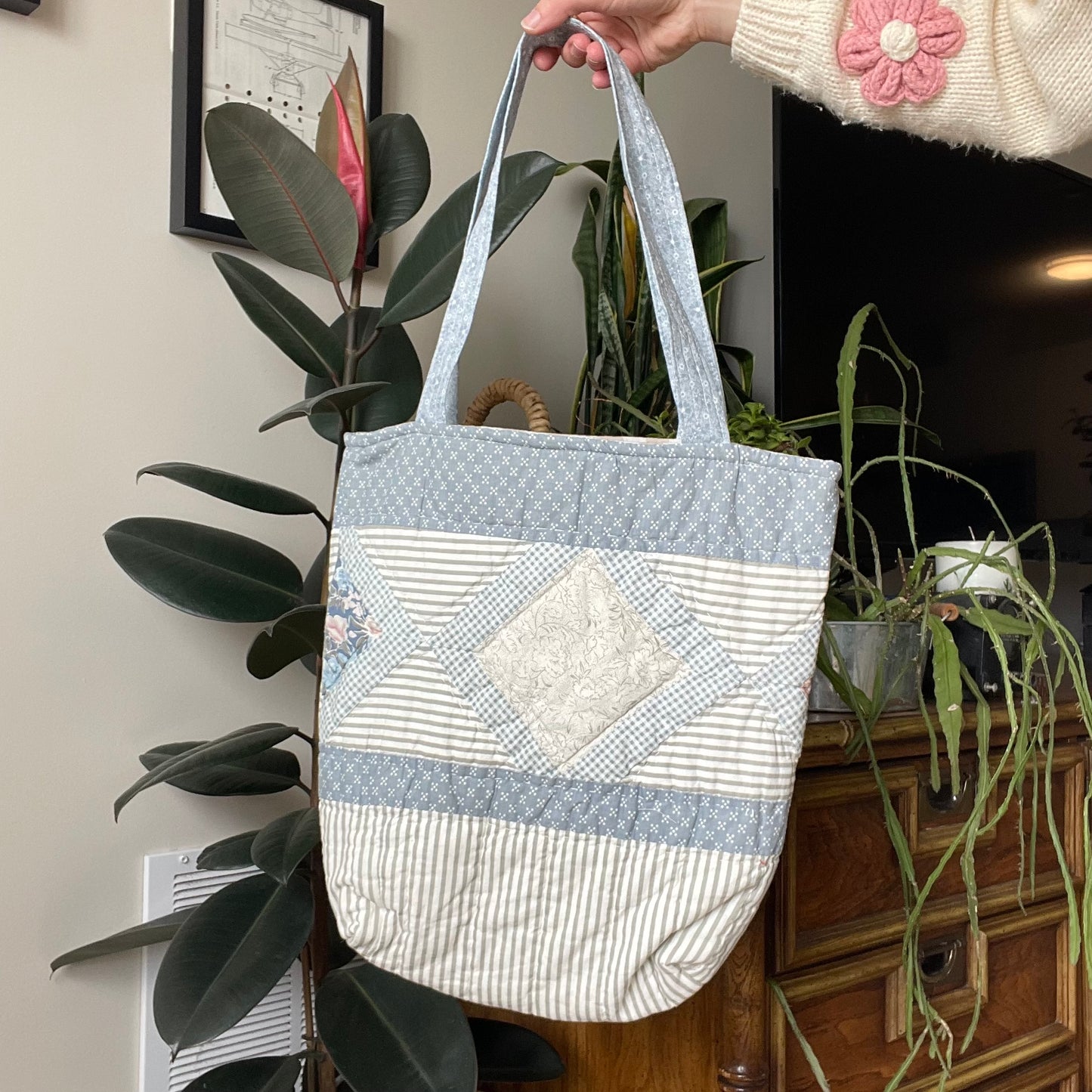 Quilted Tote | Vintage Blue Stripes