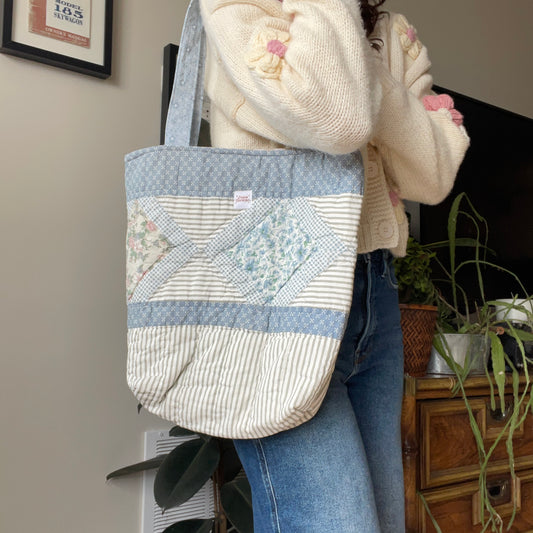 Quilted Tote | Vintage Blue Stripes