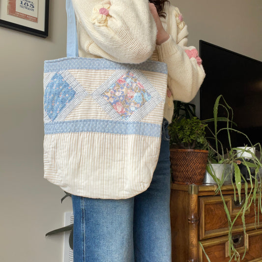 Quilted Tote | Vintage Blue Stripes - Weathered