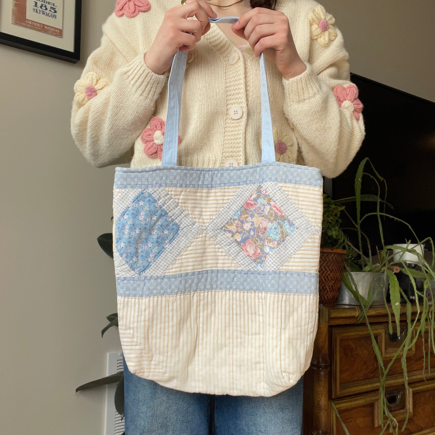 Quilted Tote | Vintage Blue Stripes - Weathered