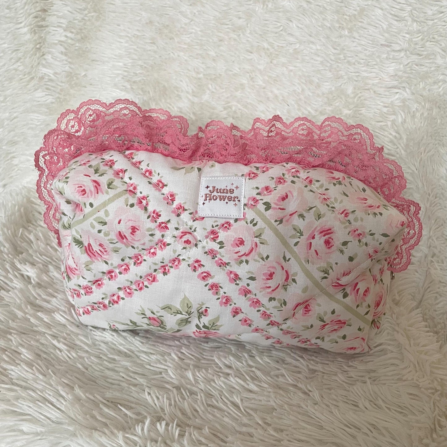 Makeup Bag | Vintage Pink Floral with Pink Lace
