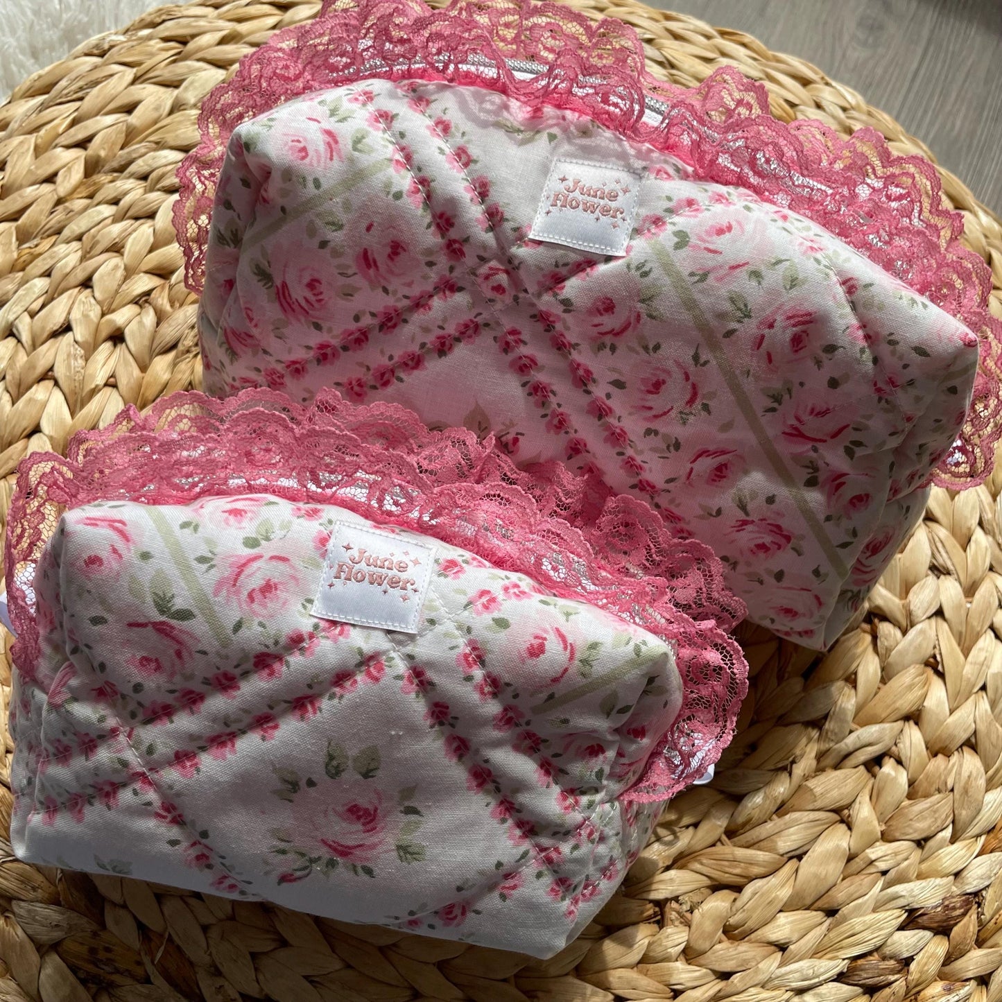 Makeup Bag | Vintage Pink Floral with Pink Lace